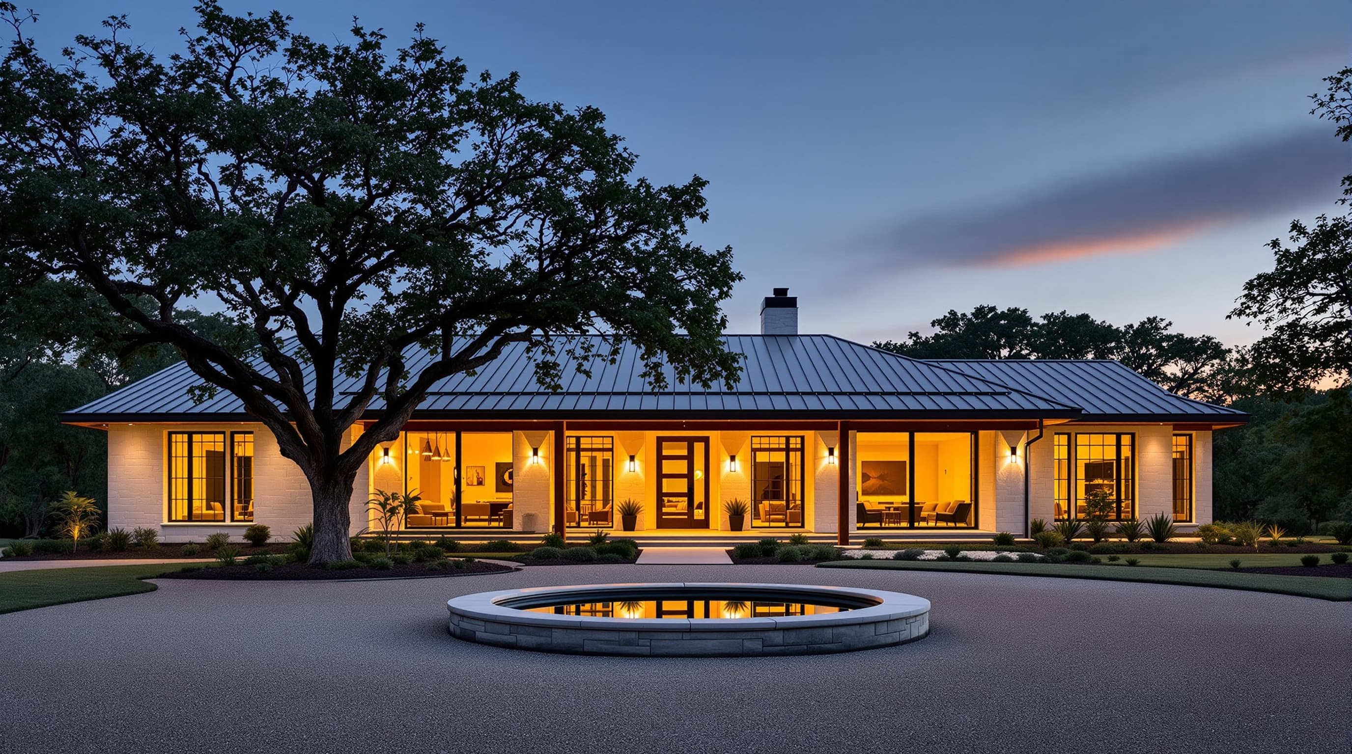 Austin Hill Country home at dusk with permanent LED accent lighting