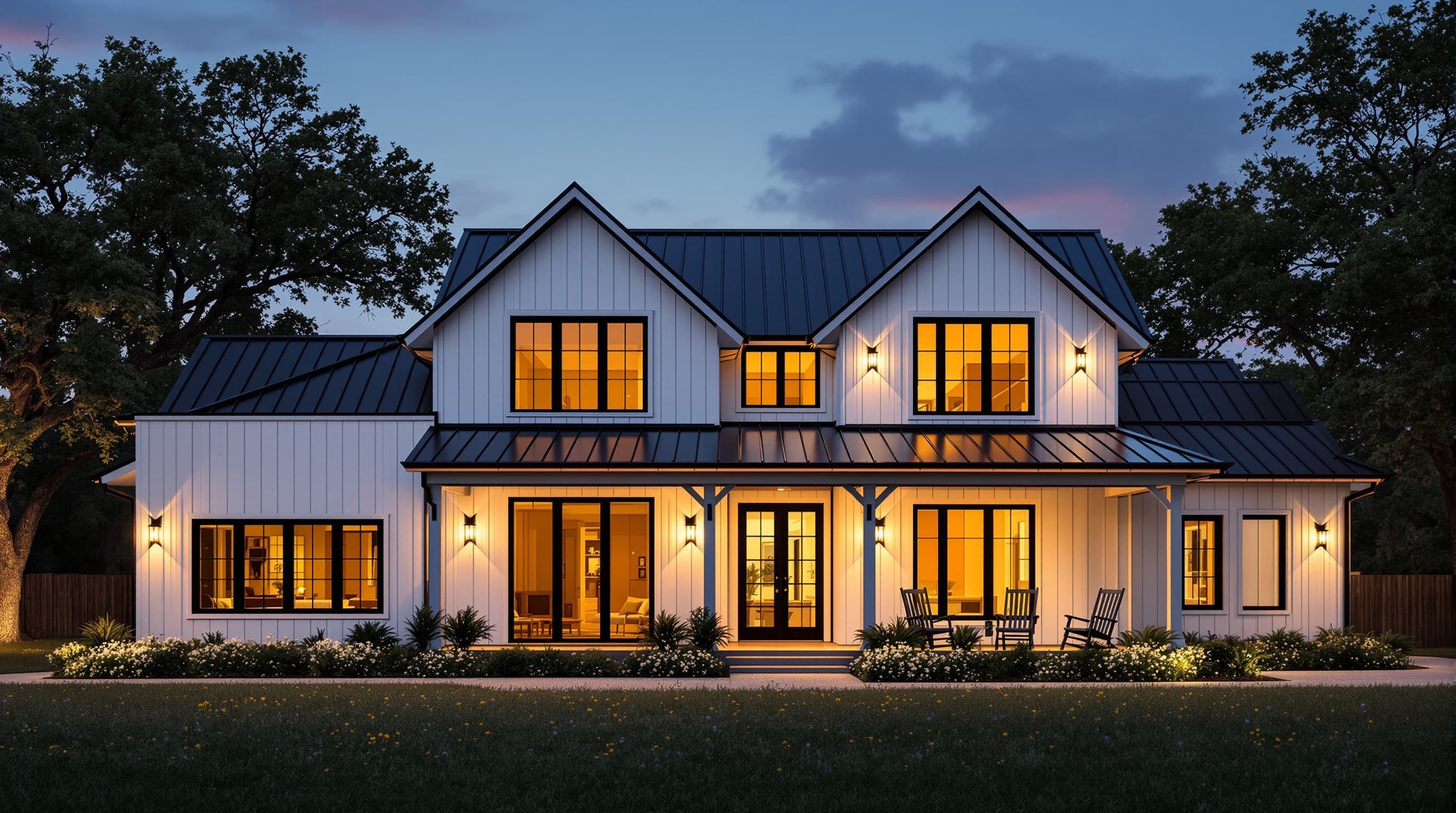 Modern Texas farmhouse at dusk — a representative home for permanent LED lighting installation