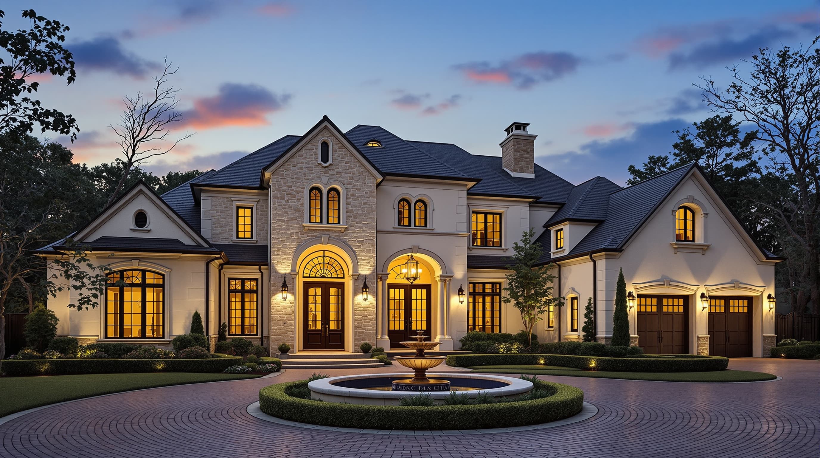 A luxury Texas estate at dusk with permanent LED lighting along the roofline