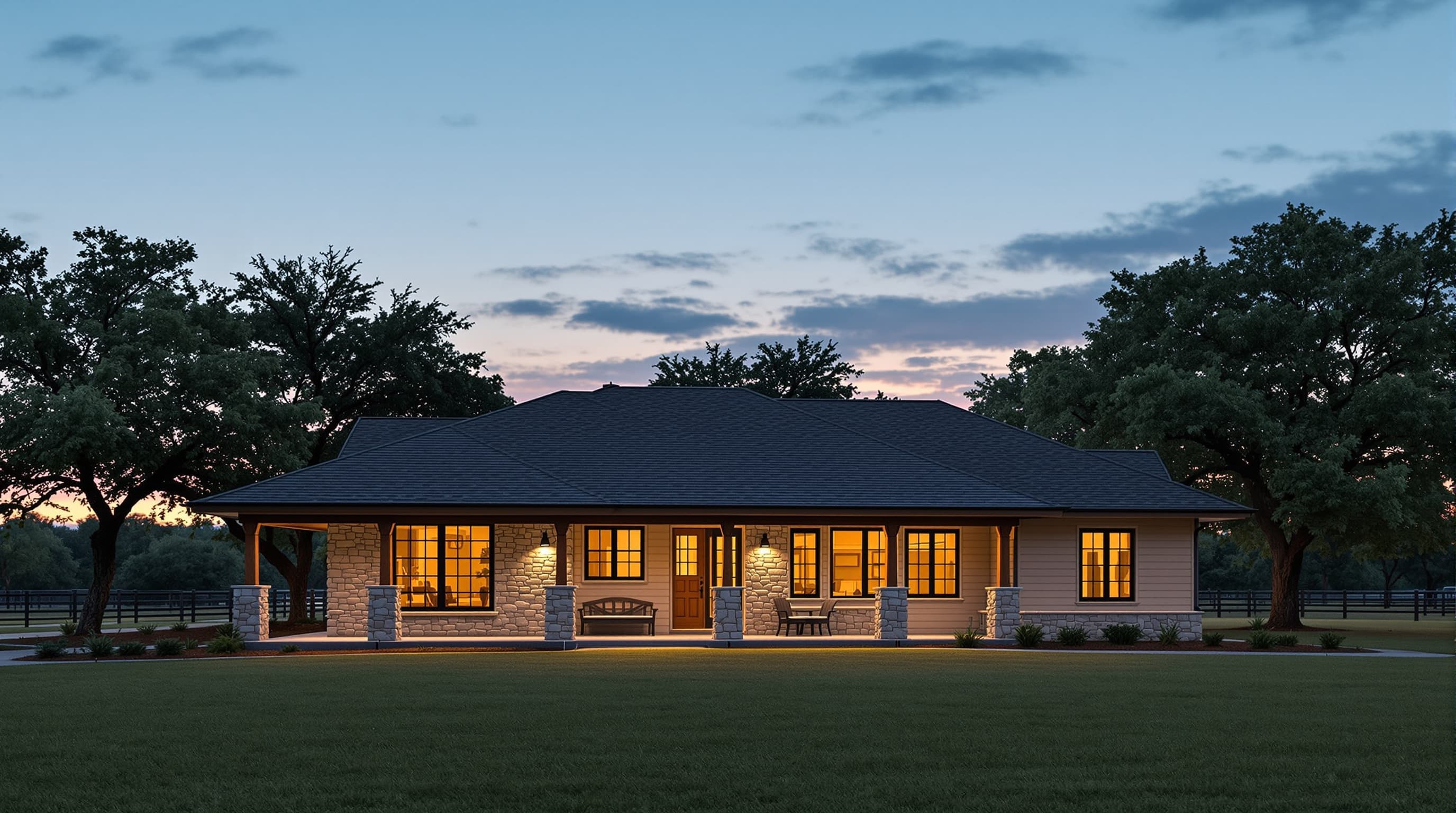 Texas ranch home at dusk with permanent LED roofline lighting