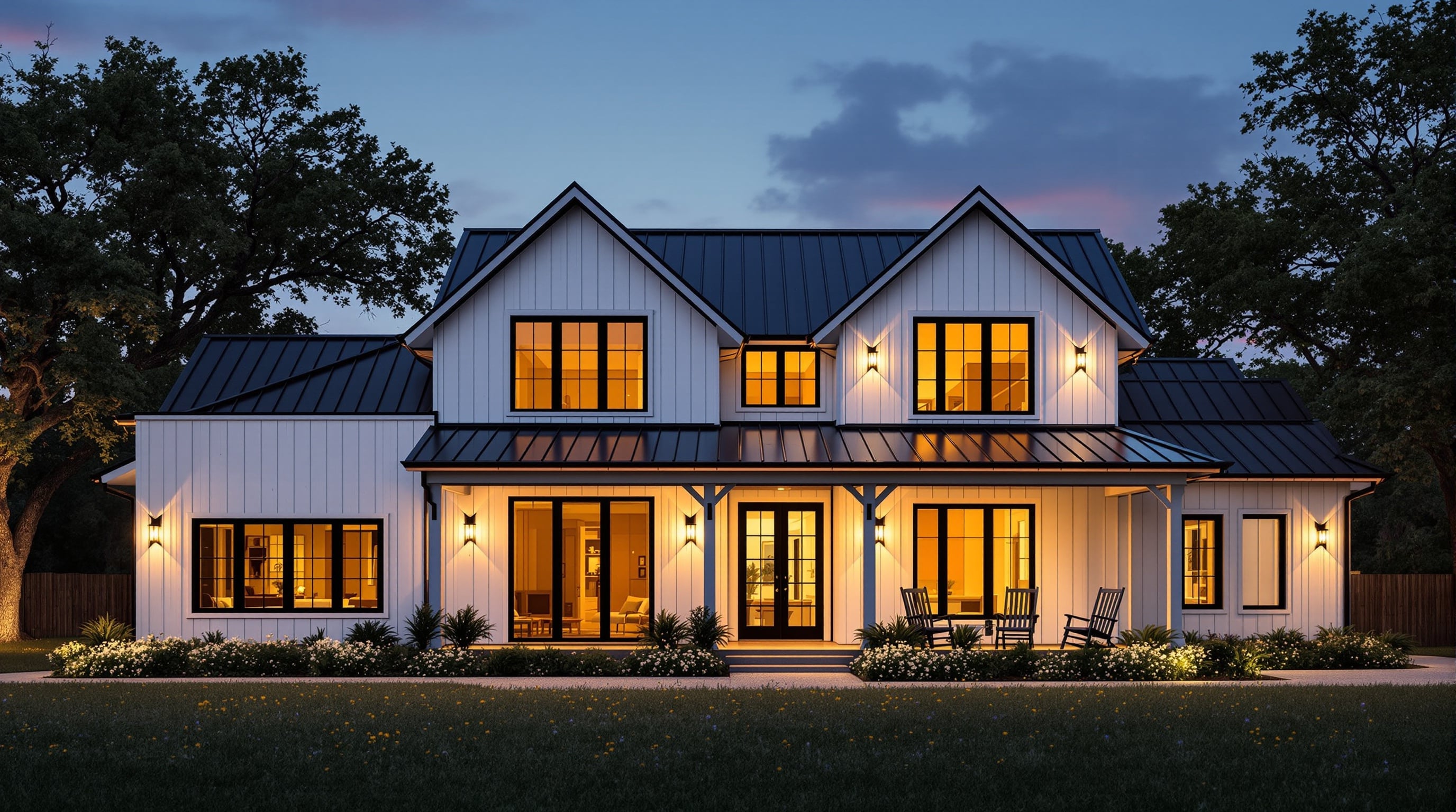 Texas home at dusk showing permanent outdoor led lighting for texas homes