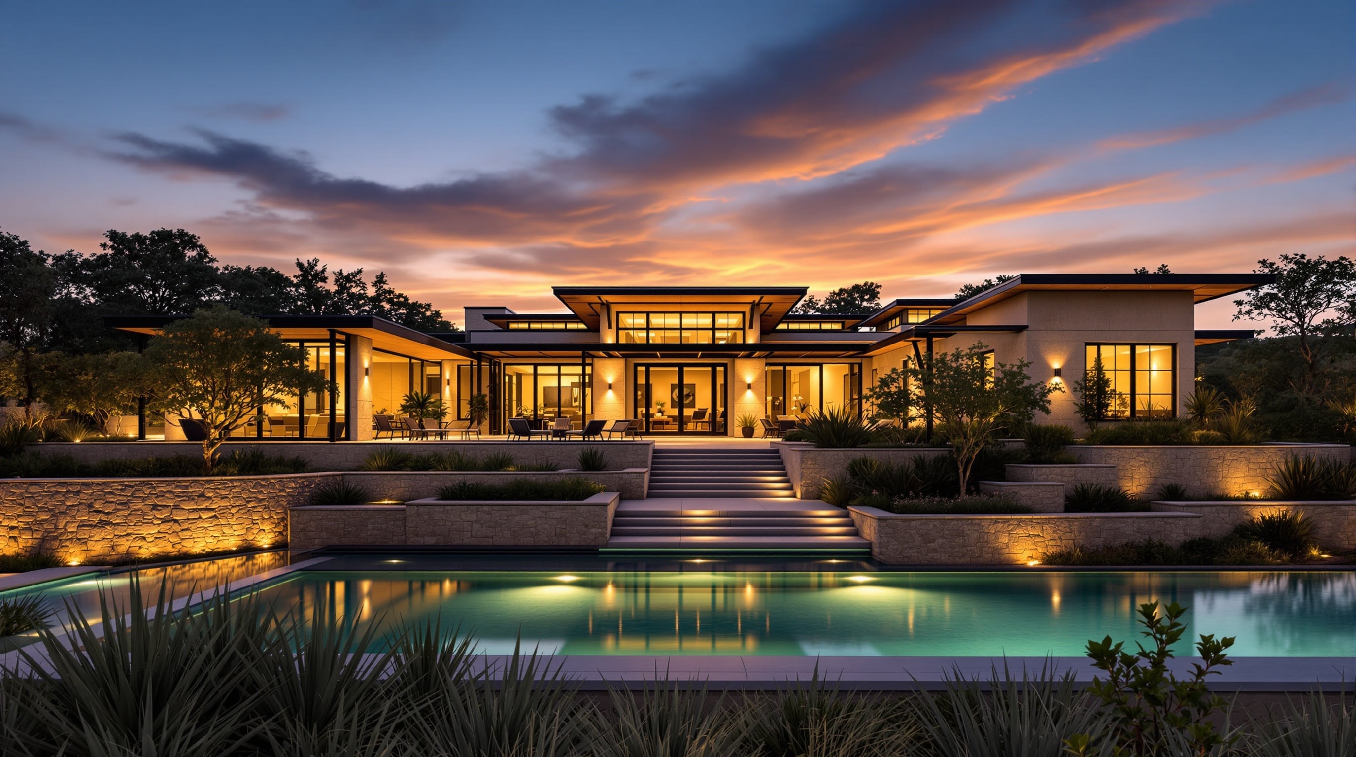 Texas home at dusk showing color-changing permanent house lights
