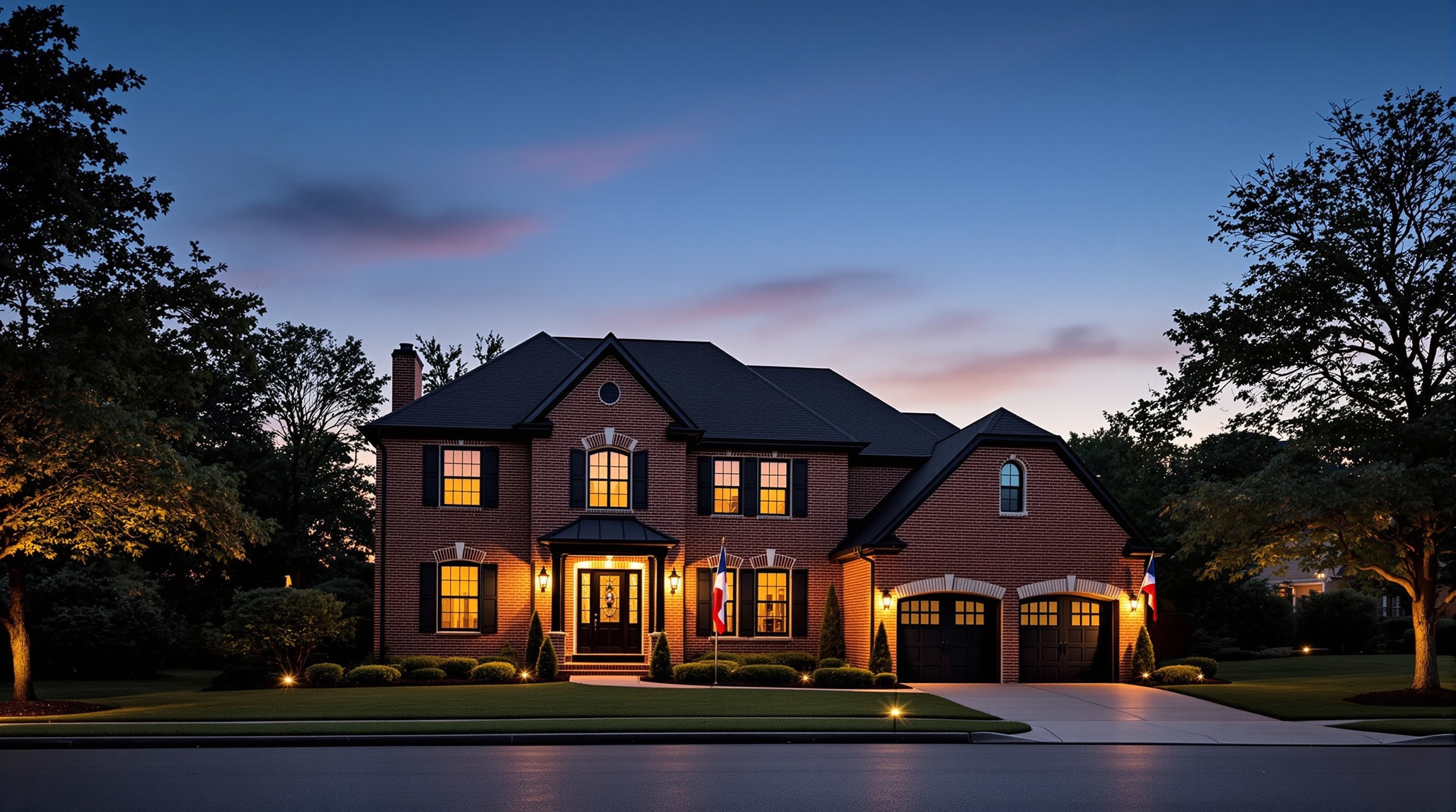 A stately two-story DFW brick home at dusk — the exact kind of roofline our permanent LED system was built for