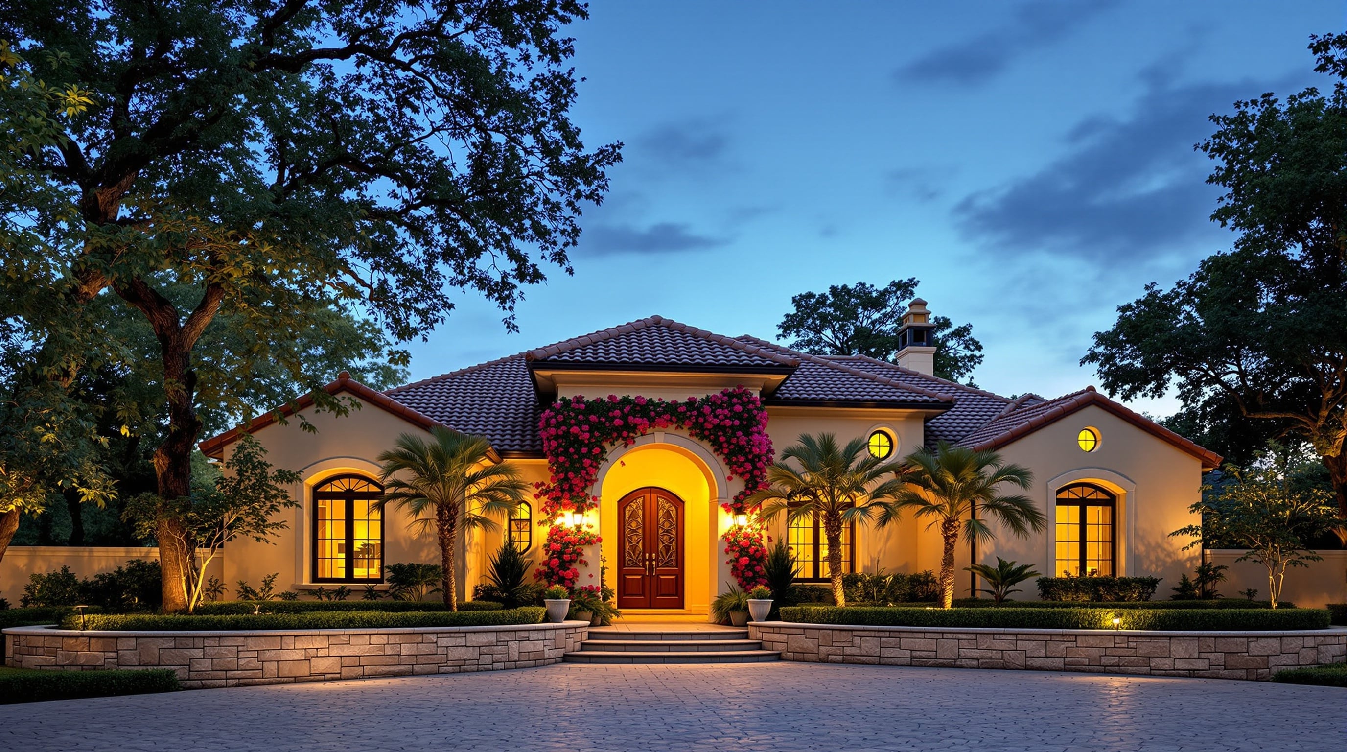 Texas home at dusk showing permanent commercial led lighting for businesses