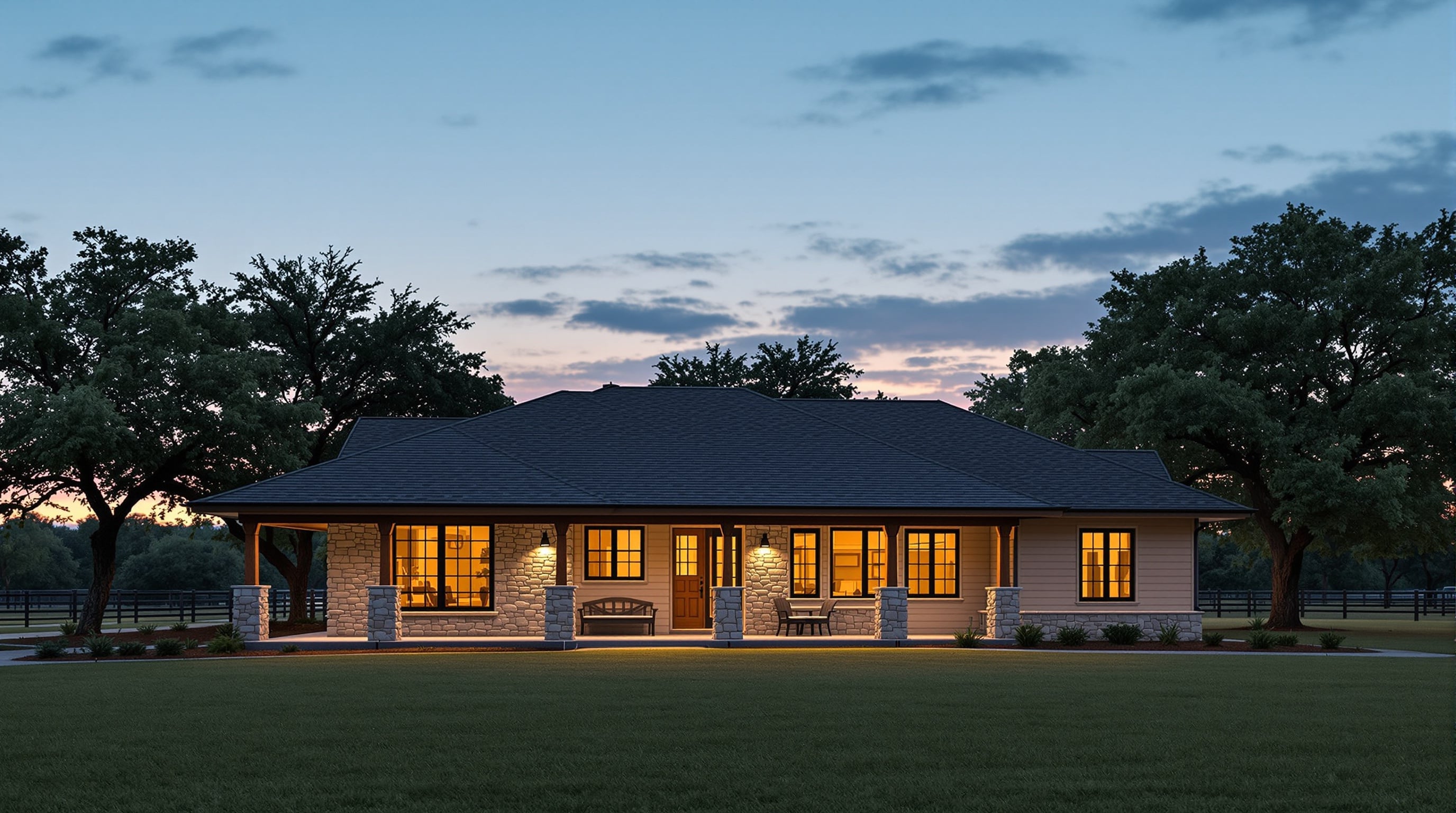 Texas home at dusk showing permanent roofline lighting for texas homes